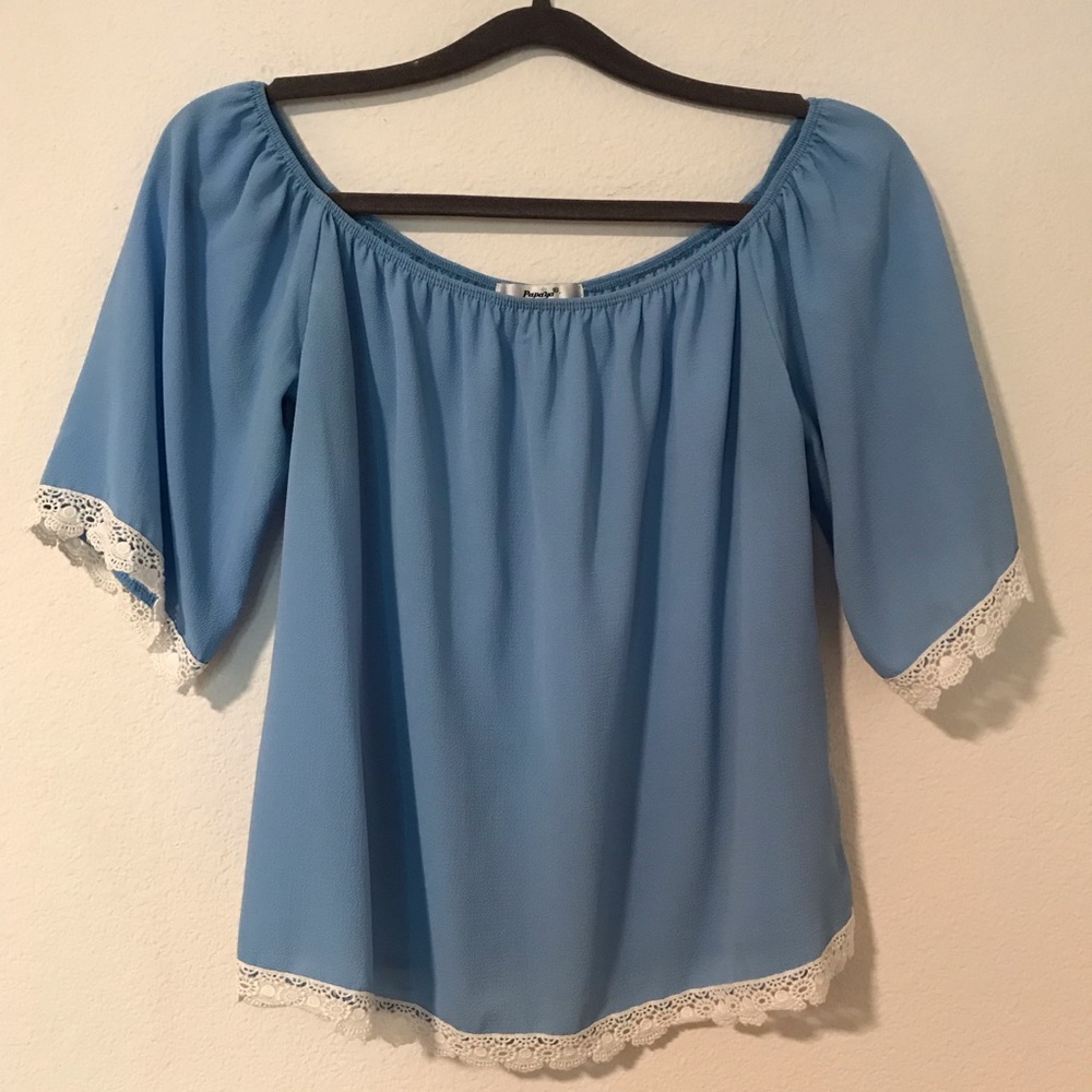 Papaya Light Blue Off-the-Shoulder Blouse with White Lace